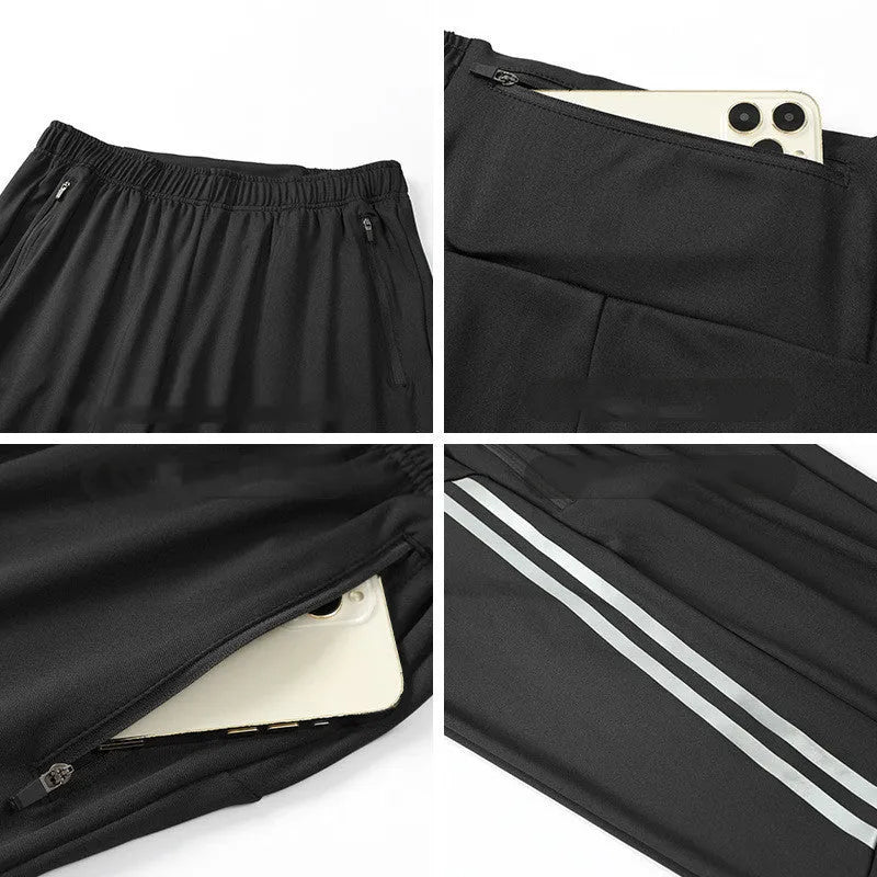 Men's black polyester running trousers with mid-waist design for exercise and gym workouts