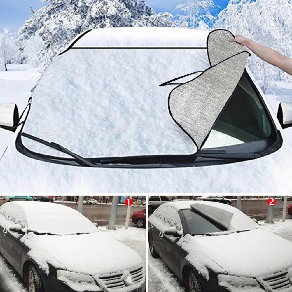 Car snow protection front gear made of aluminium film foam polyester fabric with lanyard installation system