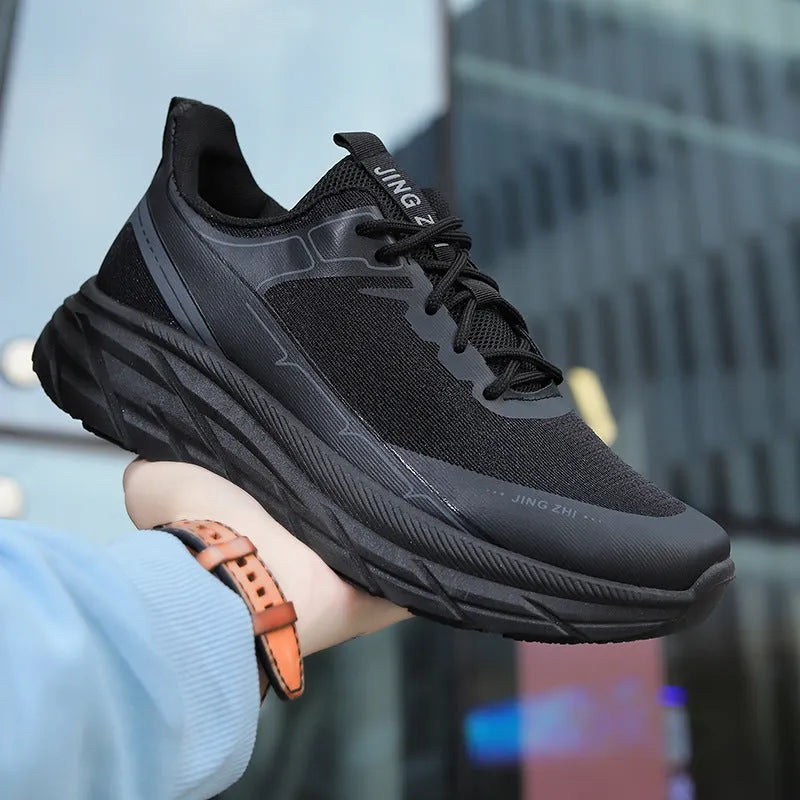 Mens thick-soled anti-skid lace-up running sneakers with rubber sole in black and grey colour options