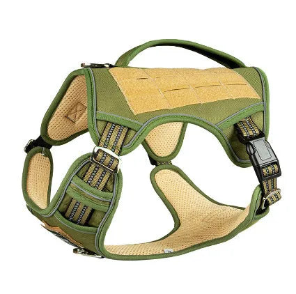 Black Oxford cloth tactical chest strap for a large search and rescue working dog.