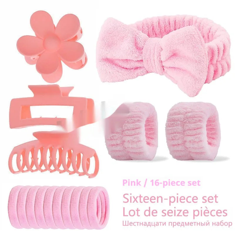 Bow-shaped washing face hair band with plaid pattern and wrist strap, assorted colours set of 16
