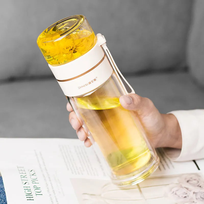 Double wall glass water bottle with tea infuser filter, leakproof, high borosilicate, stainless steel strainer, portable rope, 400ml
