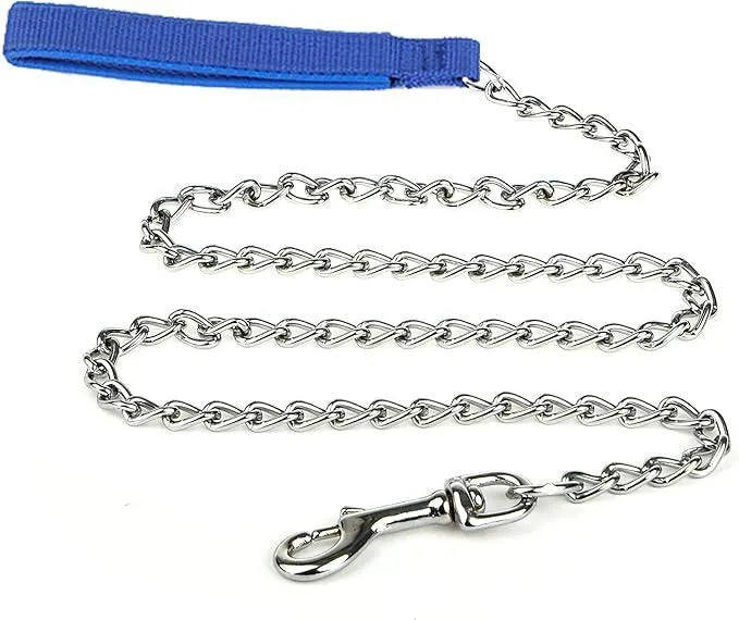 Heavy duty metal dog leash chain with soft black padded handle, shown in red.