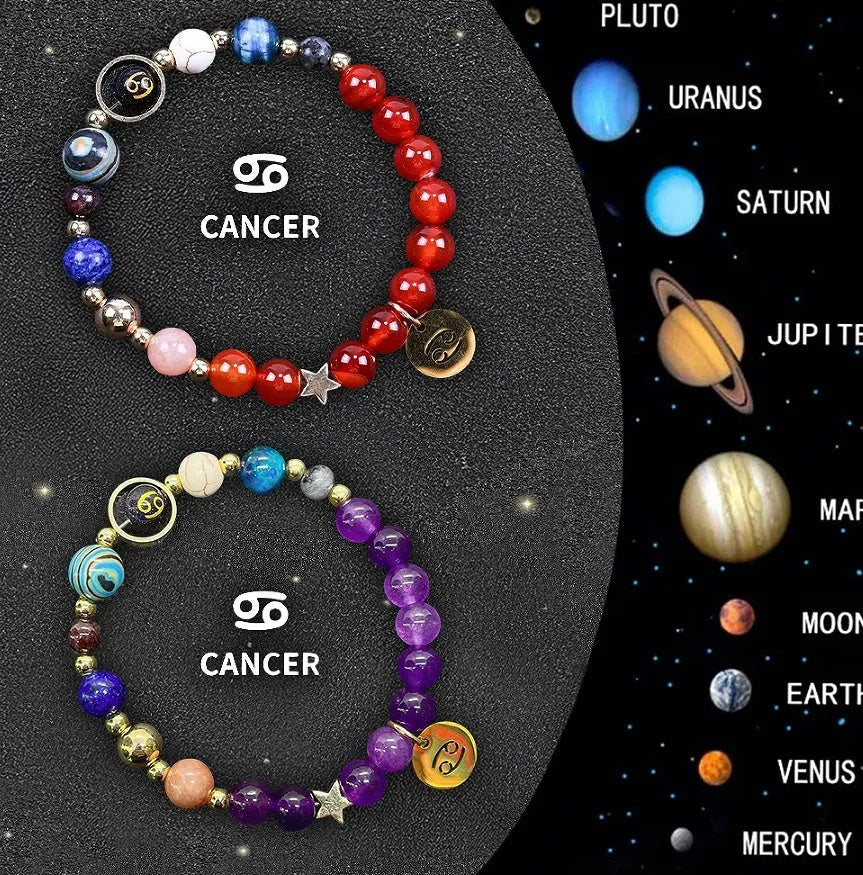 Natural stone beaded zodiac bracelet set with metal charm pendants showing astrological symbols