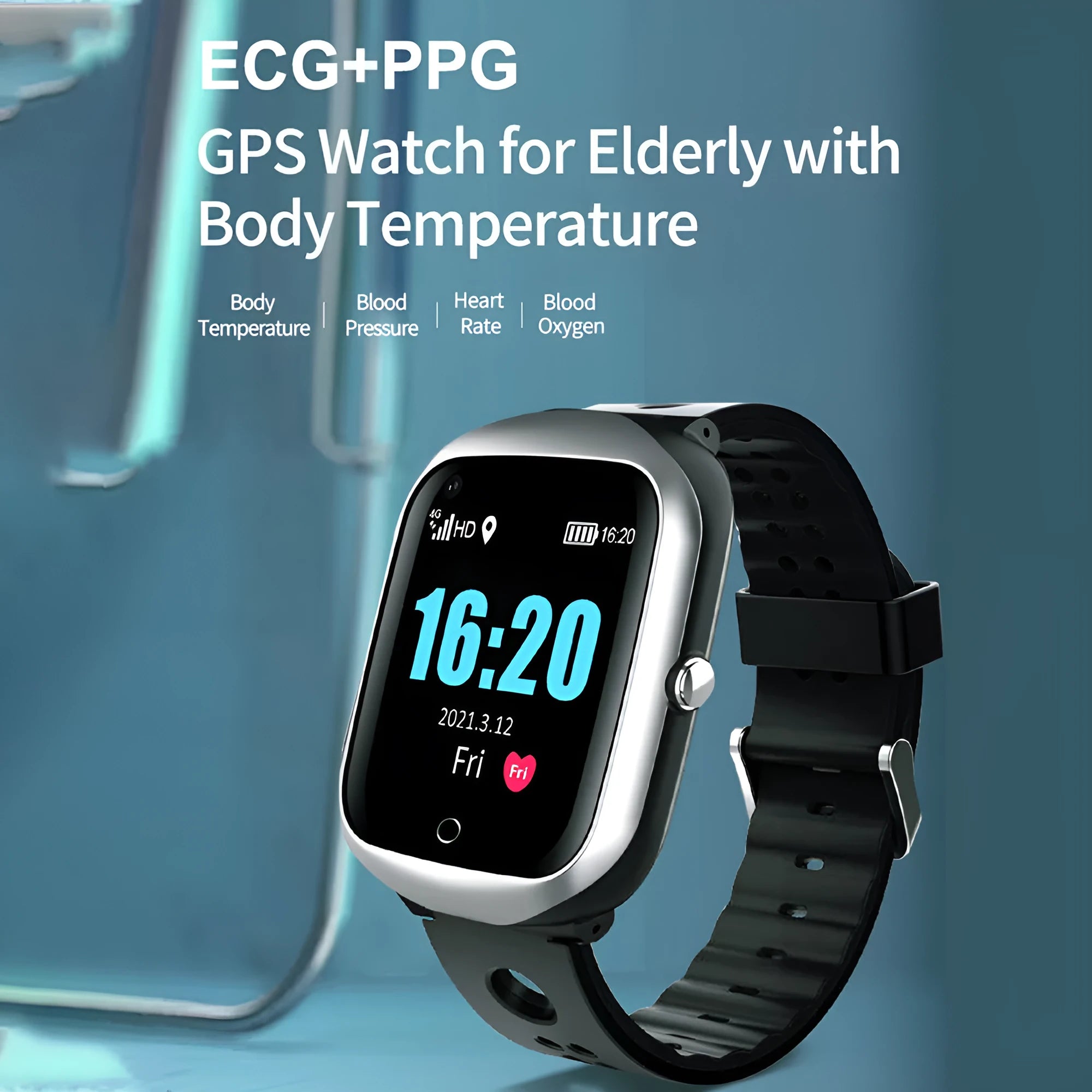 Elderly smartwatch with square 1.3-inch screen and silicone strap shown in black colour