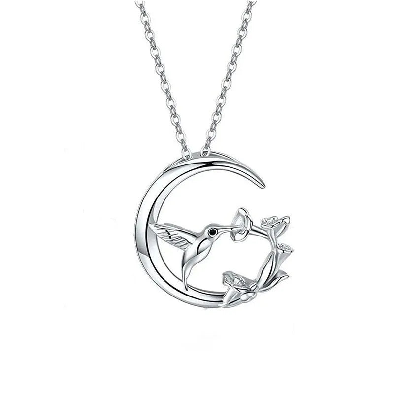 Copper O-link chain necklace for women with morning glory blossom and hummingbird pendant in platinum white gold colour