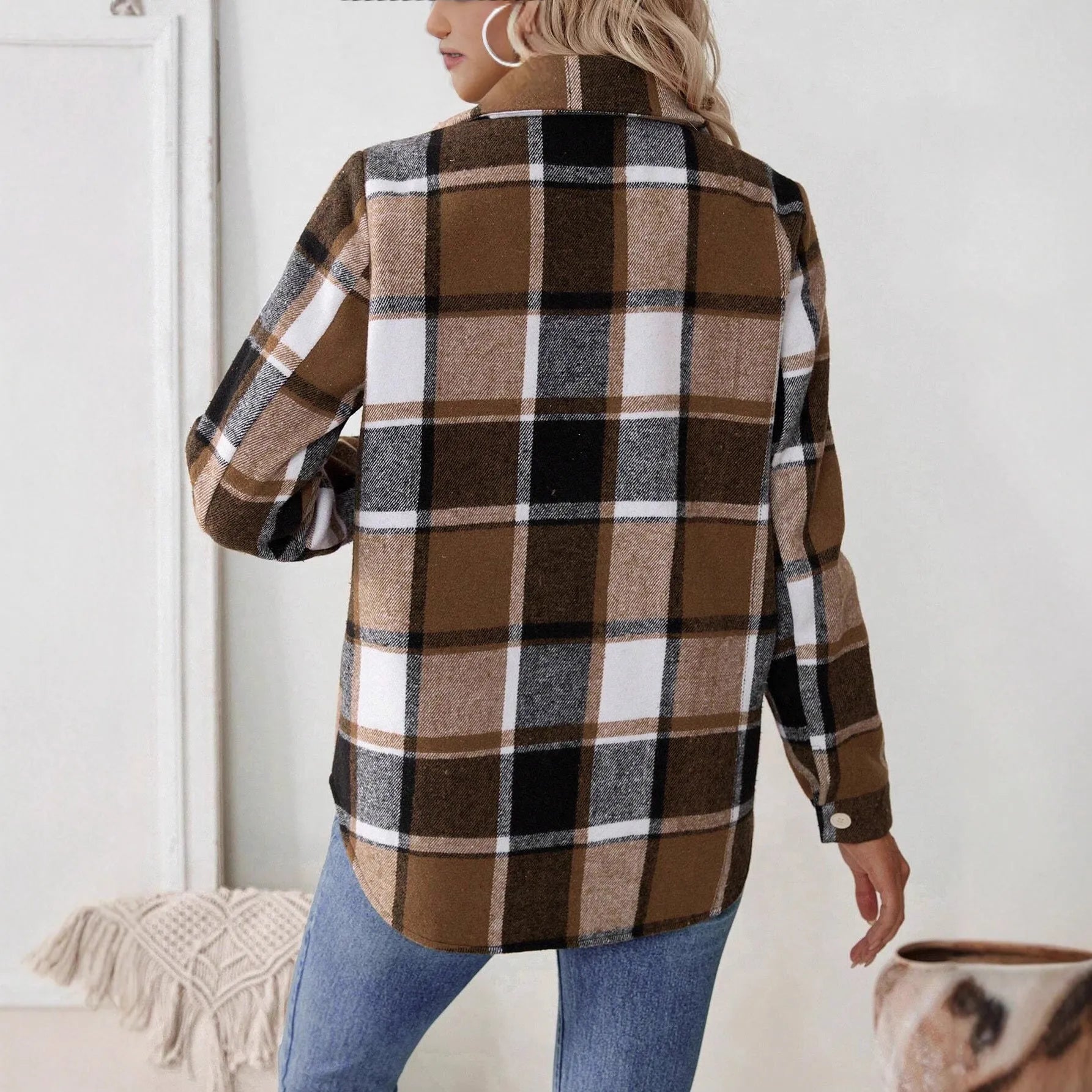 Woolen woven plaid button shirt collar jacket top in brown, front view, with pocket detail, polyester construction