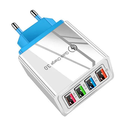 Multi-port USB charging head with four ports, PC+ABS housing in black, white, and blue options