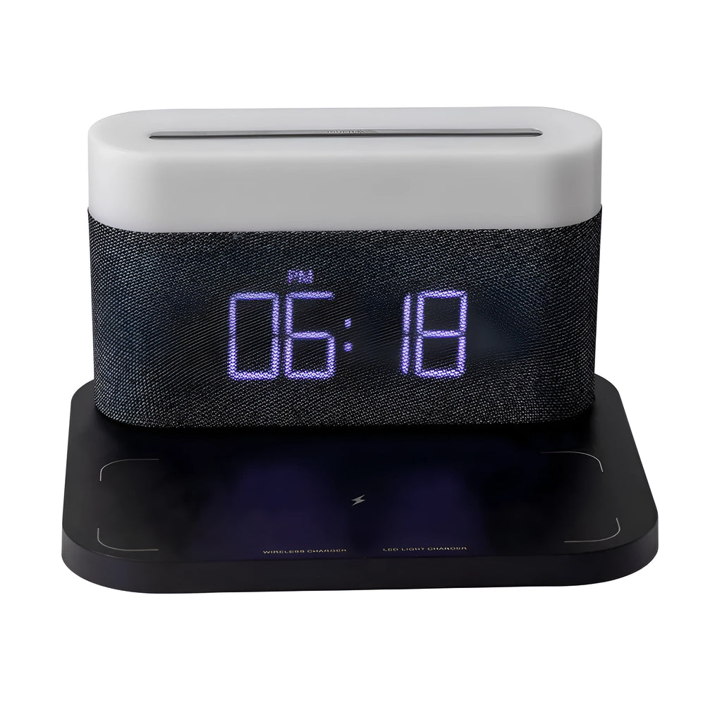 Modern black and white wireless charging desk clock with integrated night light and table lamp.