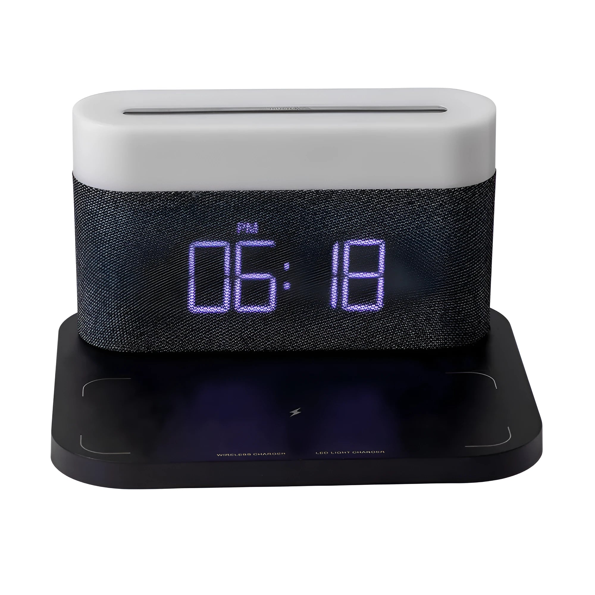 Modern black and white wireless charging desk clock with integrated night light and table lamp.