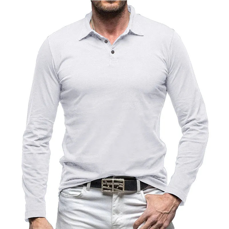 Men's long sleeve cotton t-shirt with a polo collar in an American retro style, shown in Dark Grey.