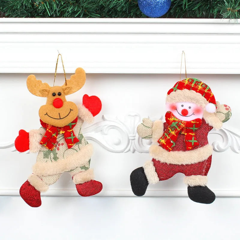 Set of four Christmas tree ornaments Santa snowman reindeer and bear figures with red white scarves golden balls red bows