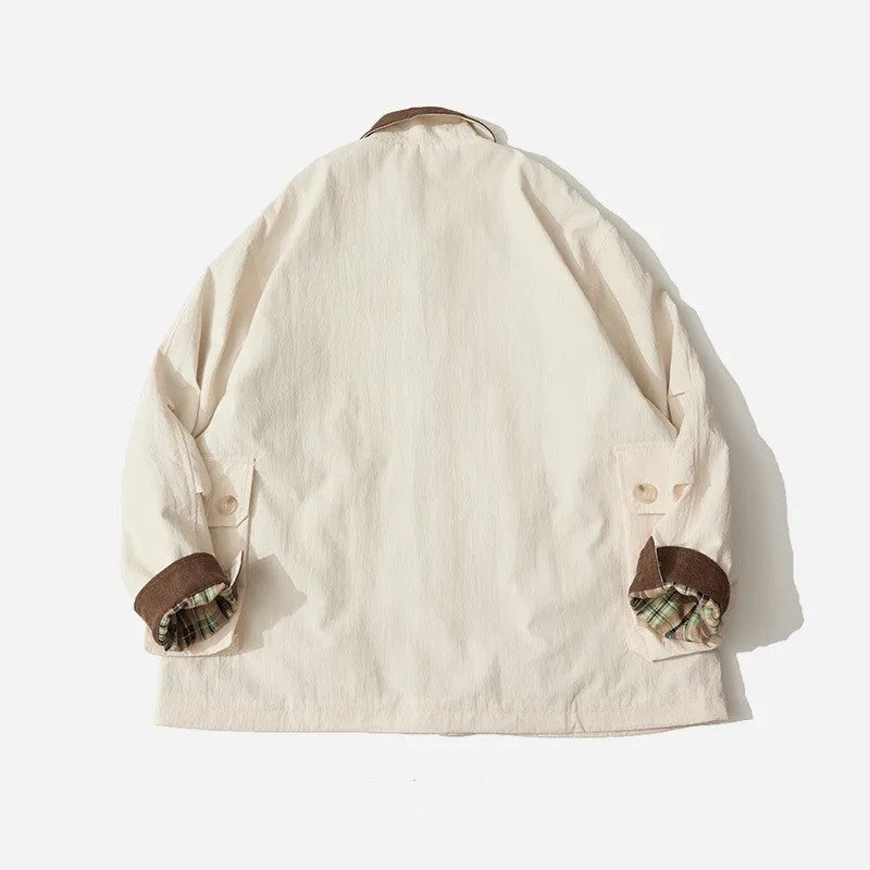 Men's and women's contrast color casual jacket in green or apricot polyester with long sleeves and side pockets