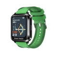 A black smart bracelet with a colour touchscreen displaying a split-screen interface, on a silicone wrist strap.