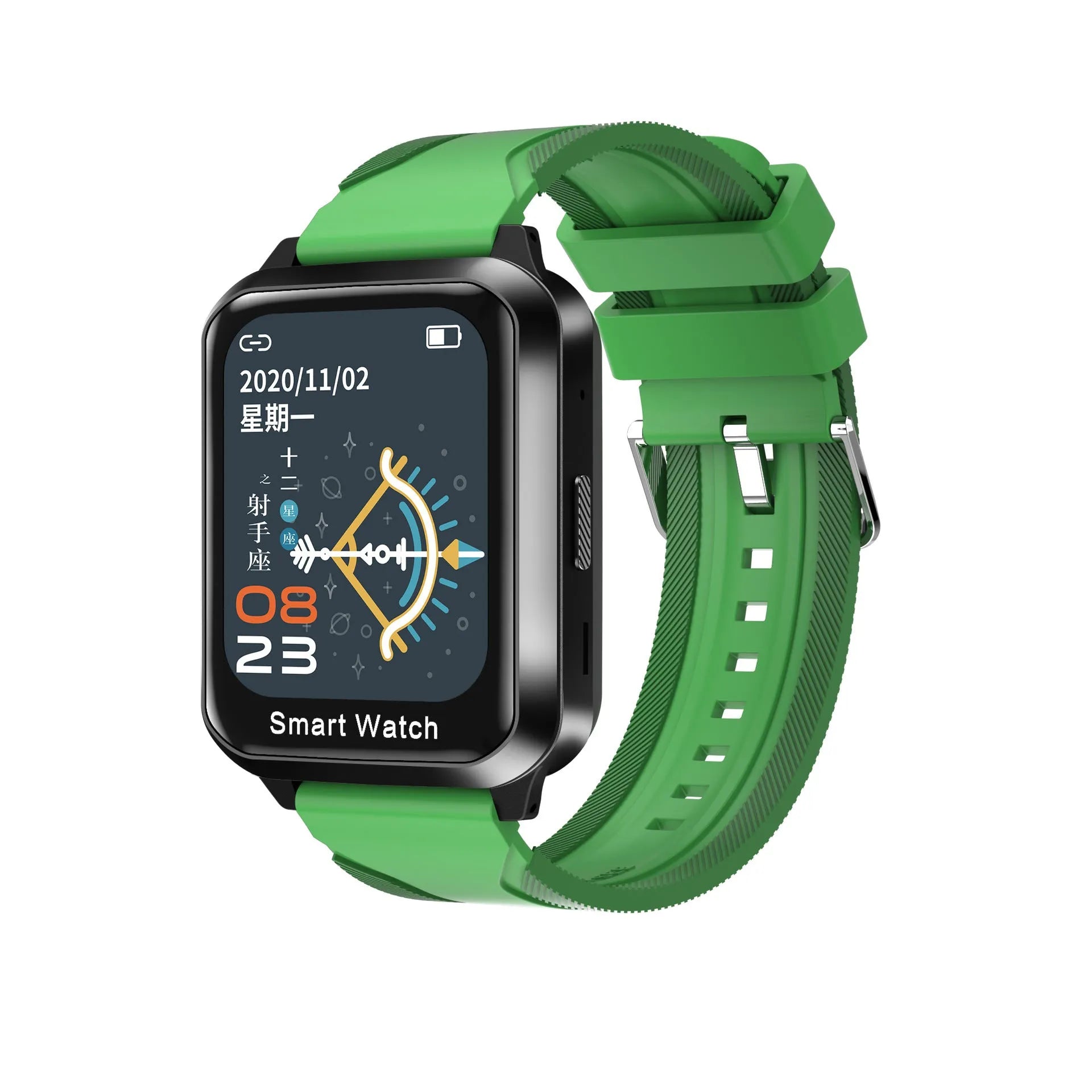 A black smart bracelet with a colour touchscreen displaying a split-screen interface, on a silicone wrist strap.