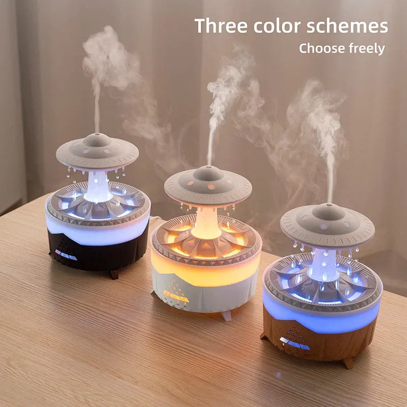 Raindrop humidifier with 350ml capacity, 7 colour nightlight, and essential oil diffuser in white finish