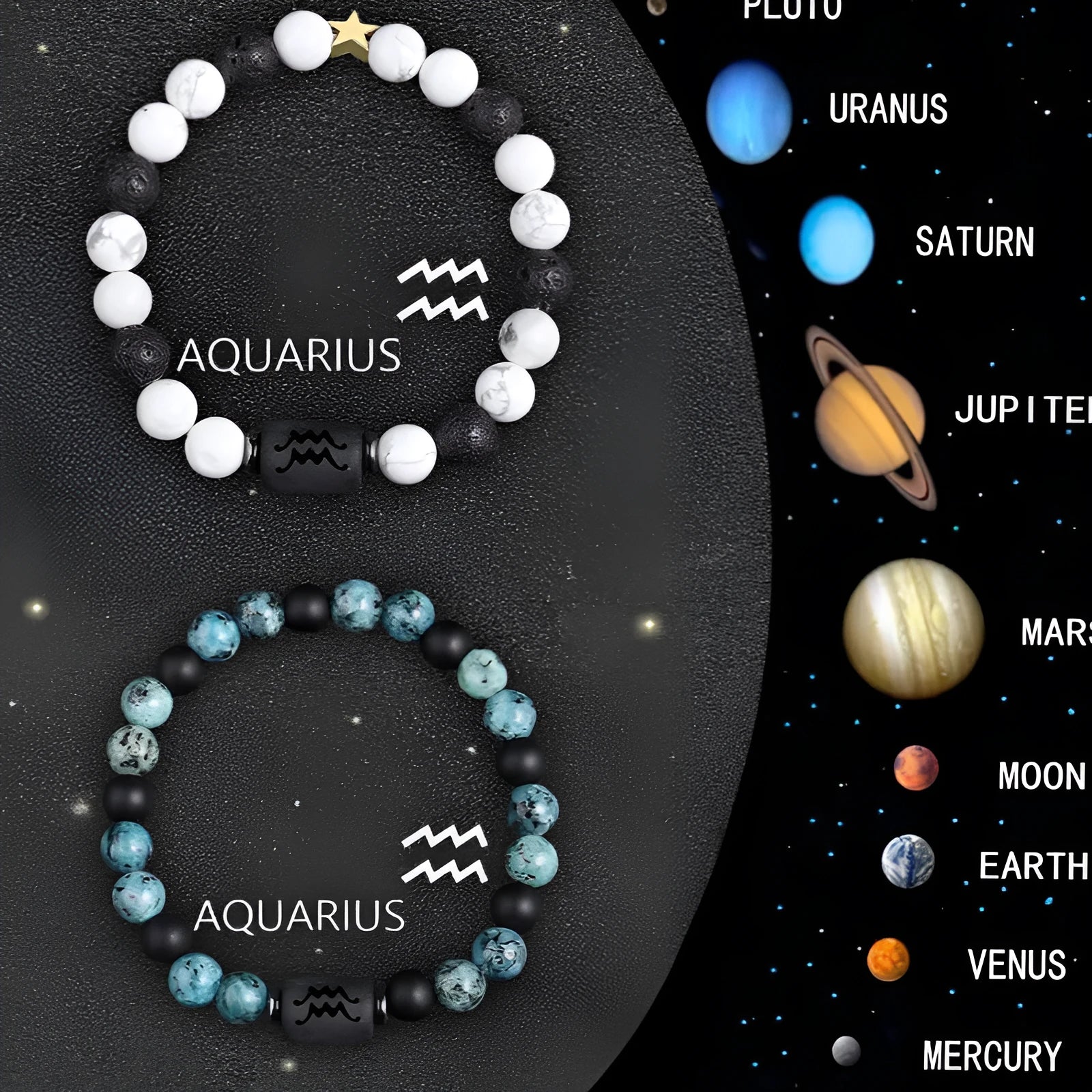 Set of two natural stone beaded bracelets showing different zodiac sign designs