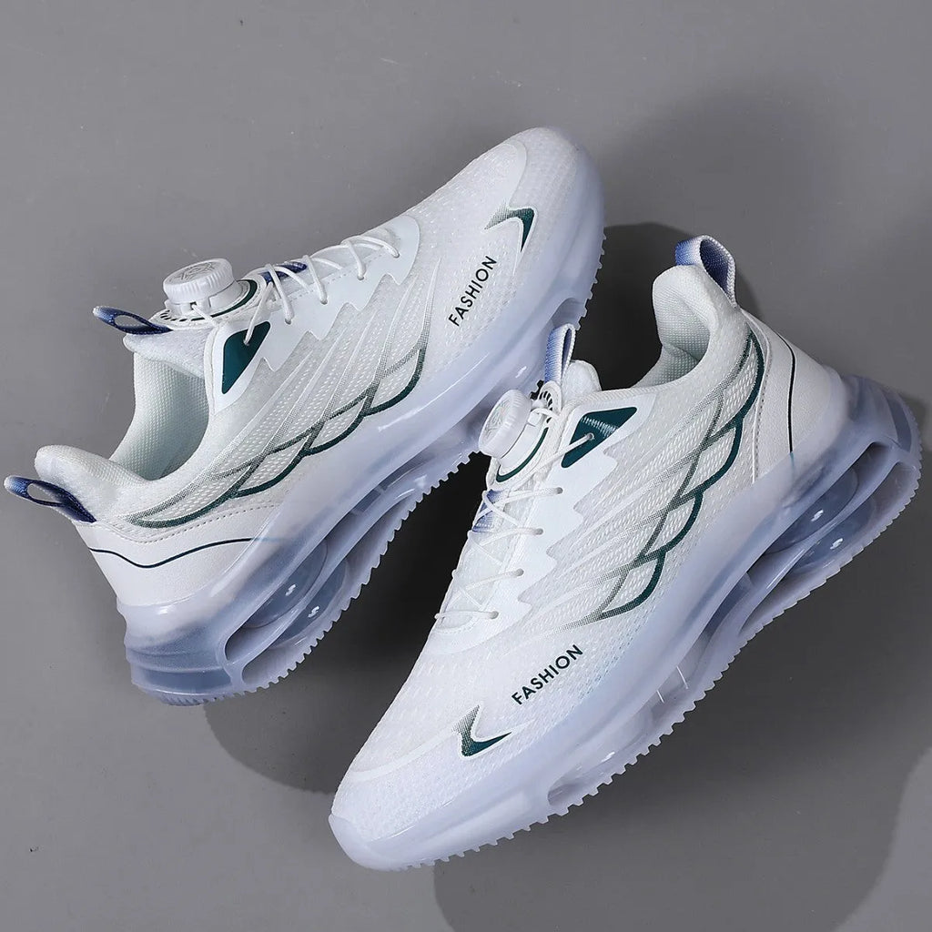 White Korean-style men's casual running shoes with mesh upper and rubber sole on size 39-45 display