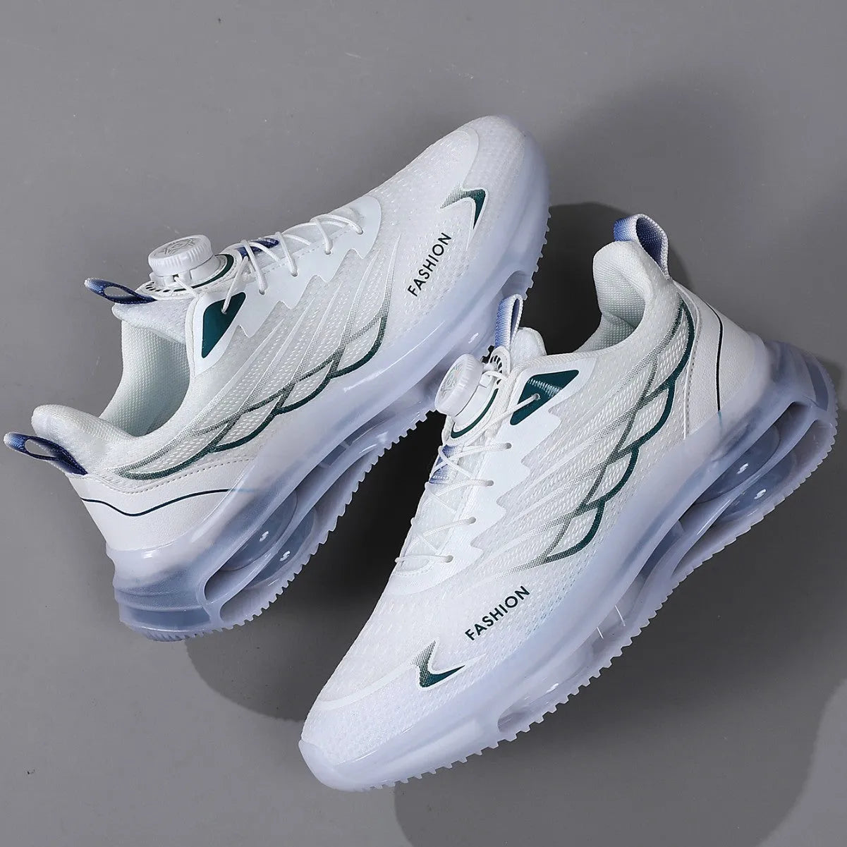 White Korean-style men's casual running shoes with mesh upper and rubber sole on size 39-45 display