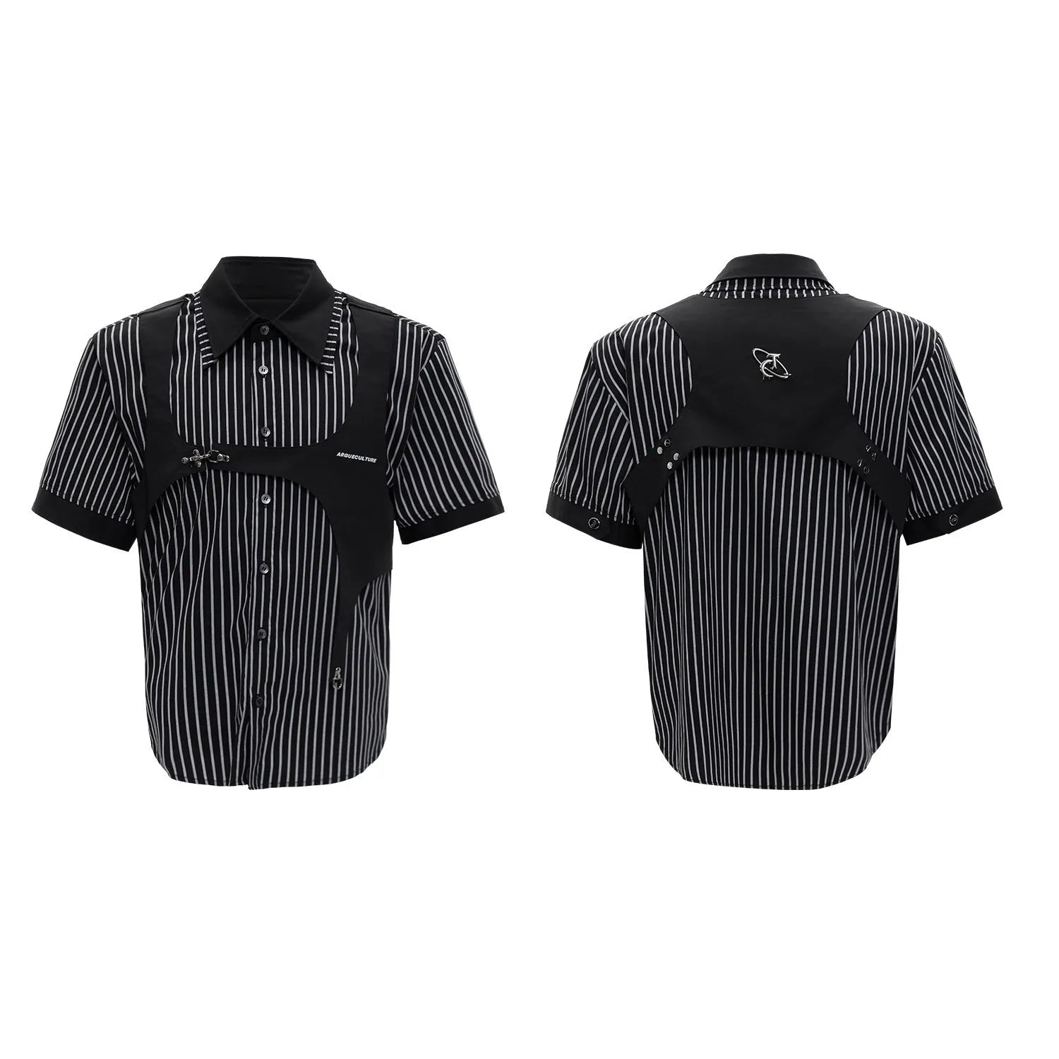 Men's black and white striped cotton shirt with double lapel collar design and short sleeves