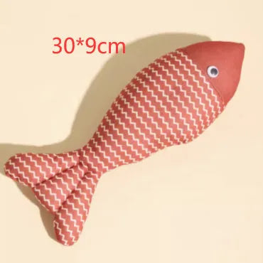 Plush fish cat toy filled with catnip, shown in blue, red, and yellow colours, with large and medium size examples