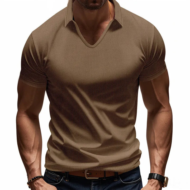 Men's loose fit V-neck short sleeve t-shirt in light blue cotton blend fabric