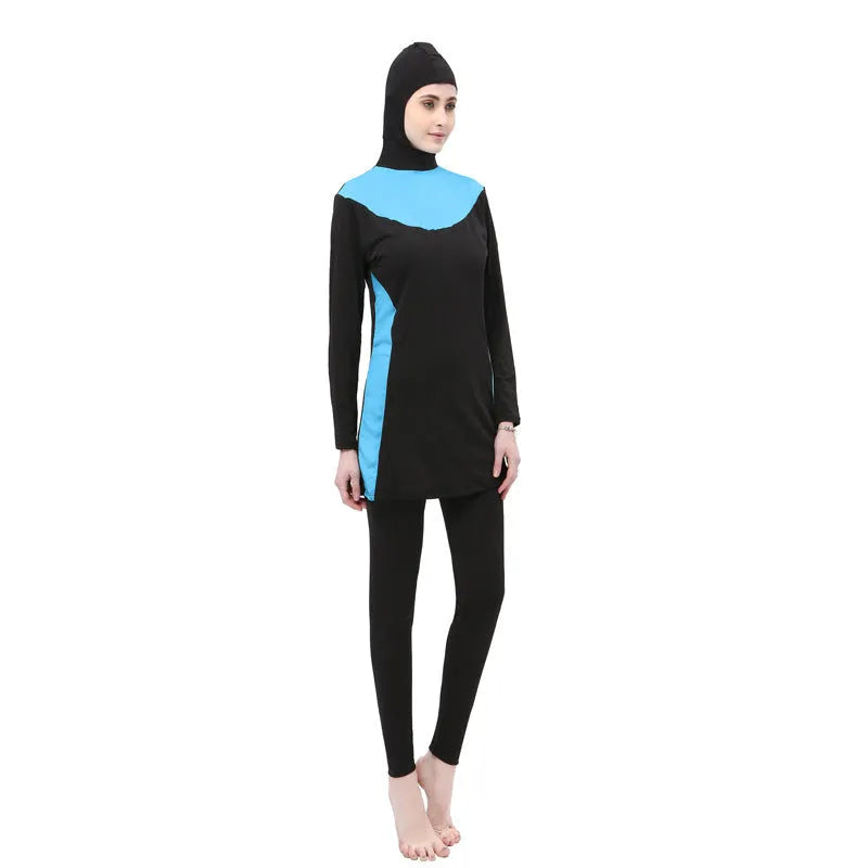Black women's hooded swimsuit with long sleeves, shown in a conservative full-coverage design for swimming.