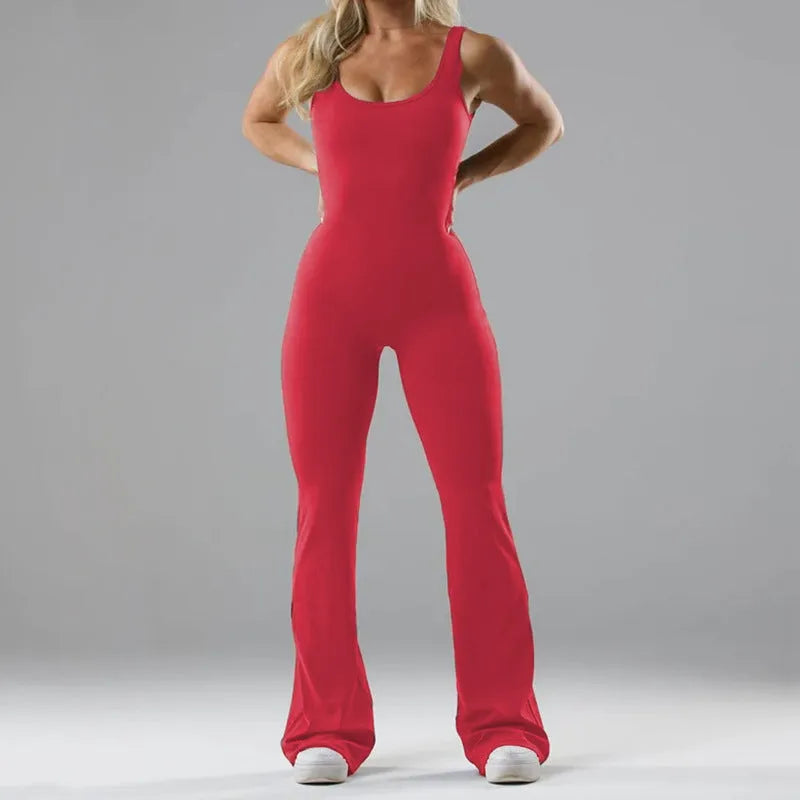 Black women's tight seamless yoga bodysuit with a mid waist and trousers length.