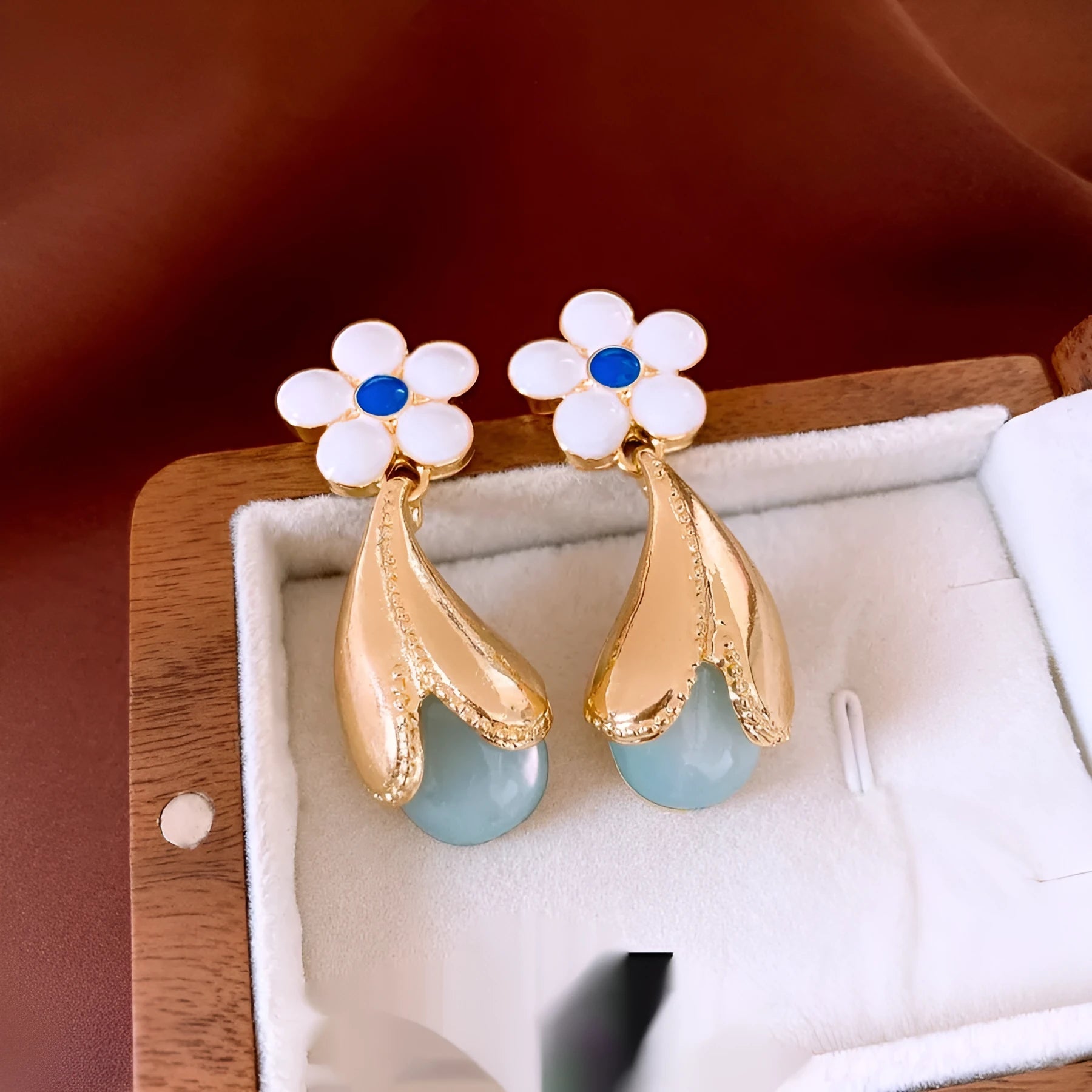 Glass flower earrings retro Chinese style dropping oil finish women all-match silver needle gold colour