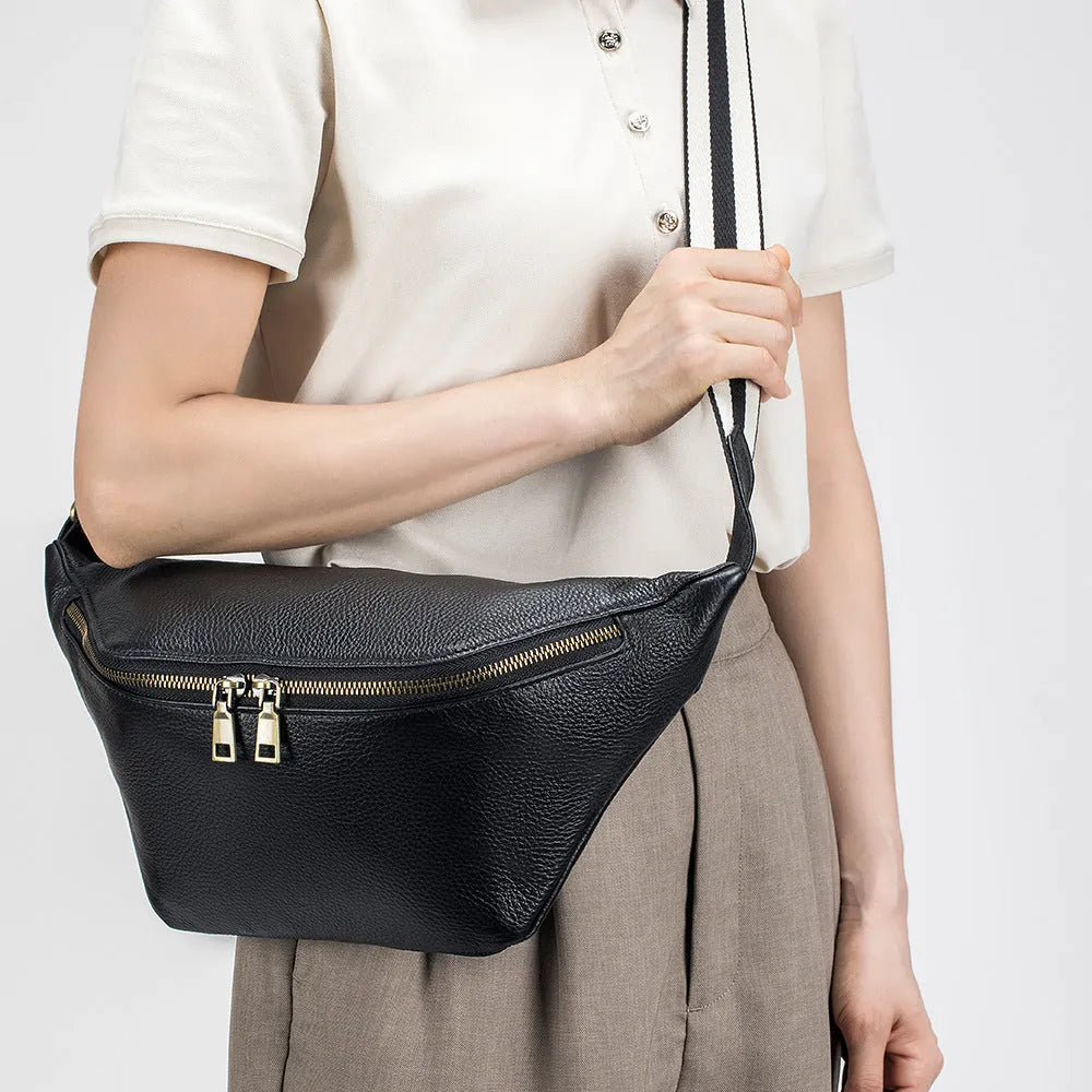 Genuine leather messenger bag waist bag first layer cowhide large capacity black brown white women casual shoulder bag