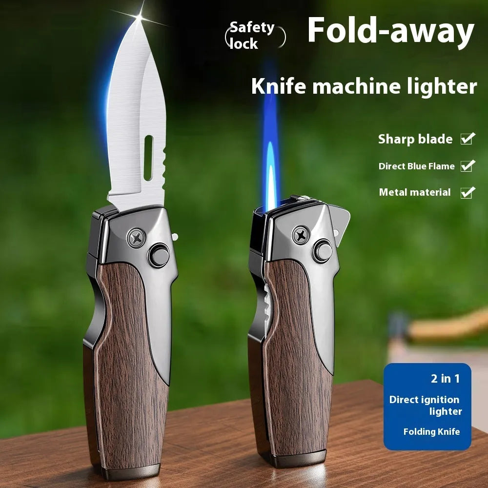 Metal folding lighter with integrated pocket knife tool in a wood grain finish.