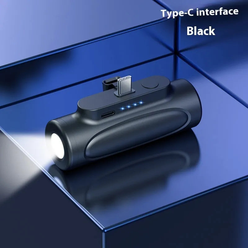 Creative power bank with LED flashlight in Black or Pink with Type-C or Apple charging port