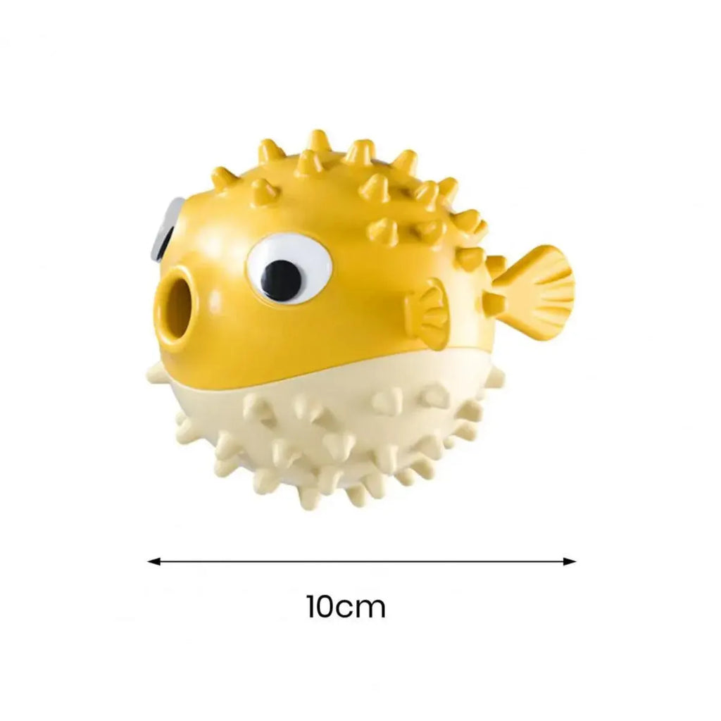 Yellow fish-shaped vinyl dog chew toy with textured surface for teeth cleaning.