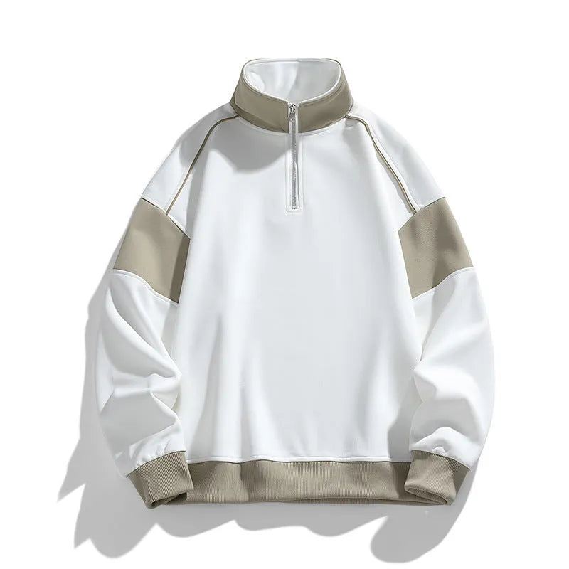 Men's hooded corduroy drop shoulder sweater in beige, showing loose lapels and relaxed fit.