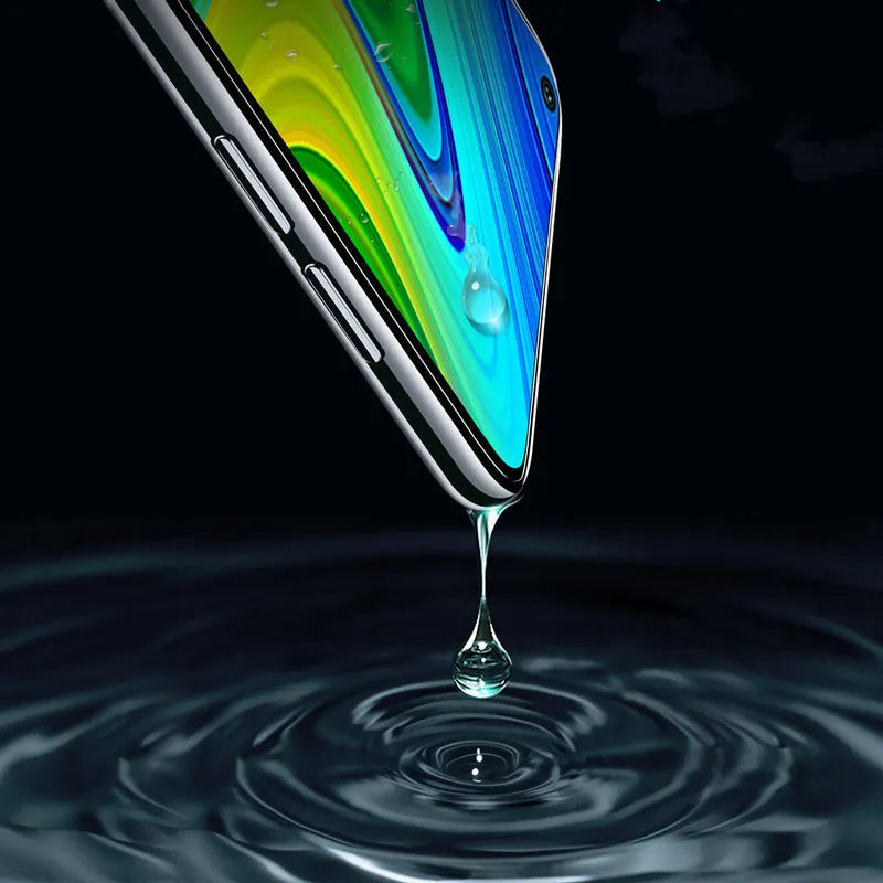Tempered glass screen protector for Xiaomi and Redmi mobile phones showing full coverage and clear transparency