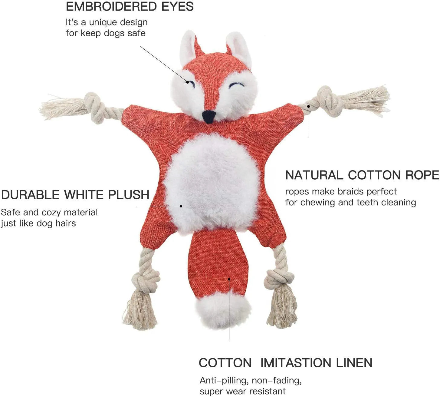 Brown plush fox dog toy with embroidered eyes, cotton rope arms and legs with knots.