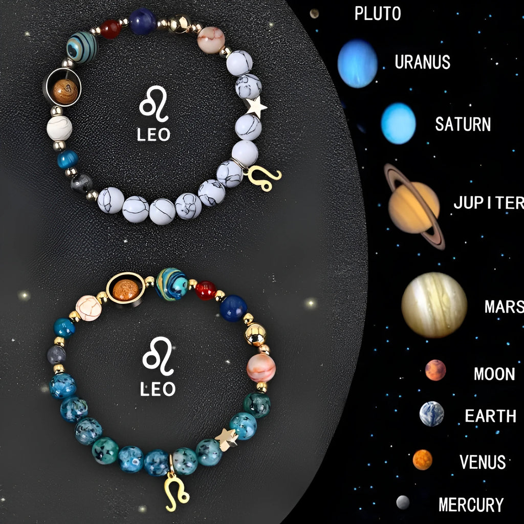 Two natural stone beaded bracelets showing different zodiac sign designs on an adjustable cord.
