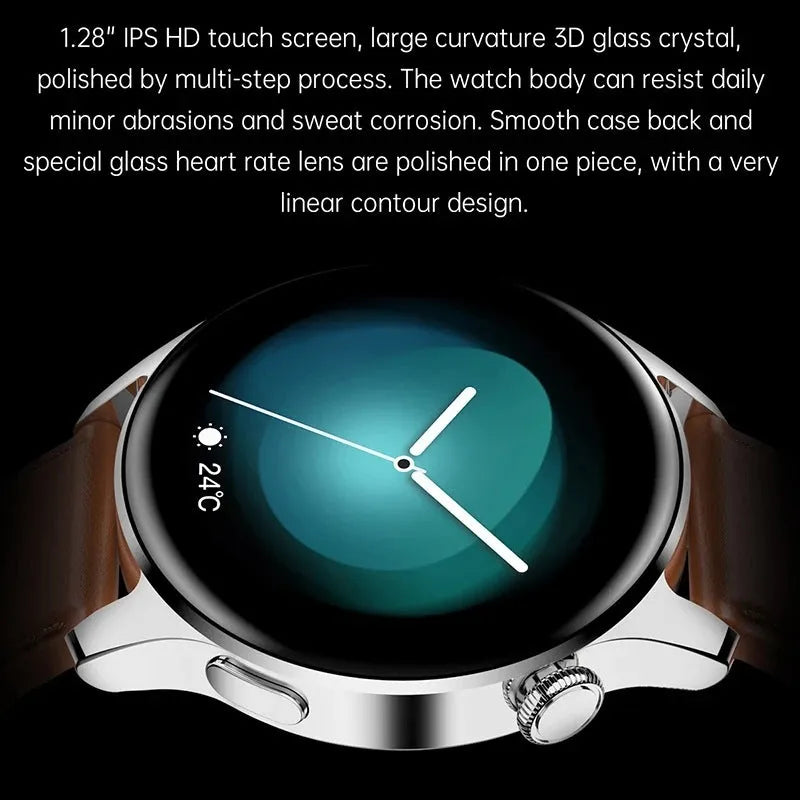 Smart watch with round colour display on a black silicone strap, showing heart rate data on screen.