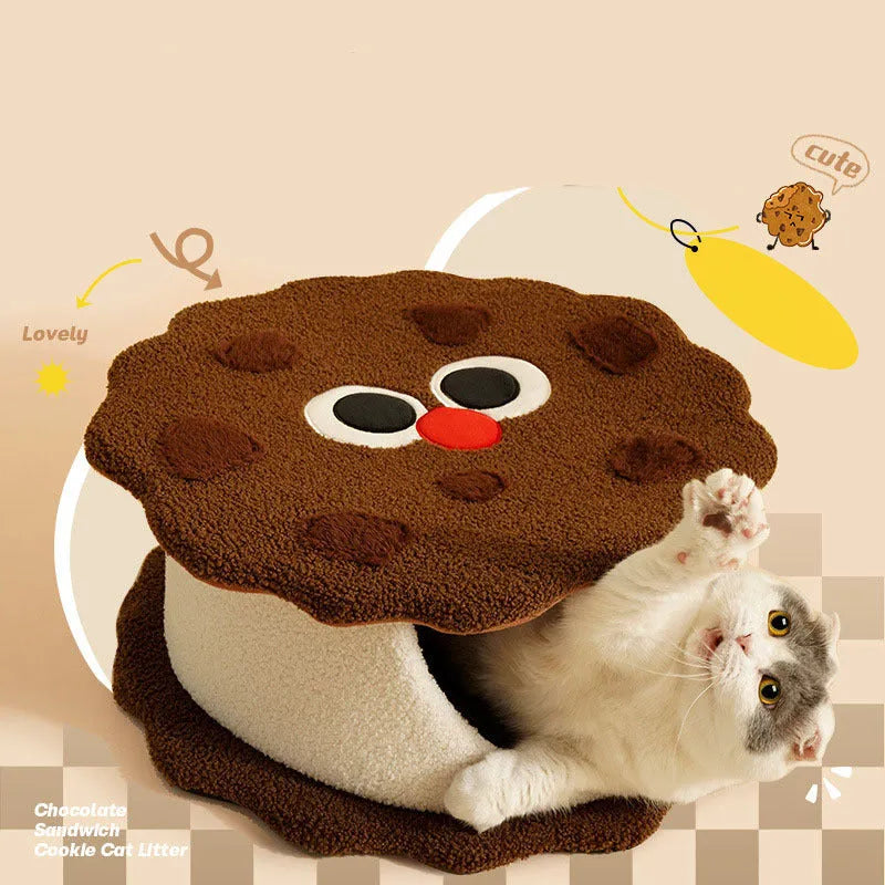 Khaki sandwich cookie shaped cat bed made from faux fur, closed design for cold weather sleeping