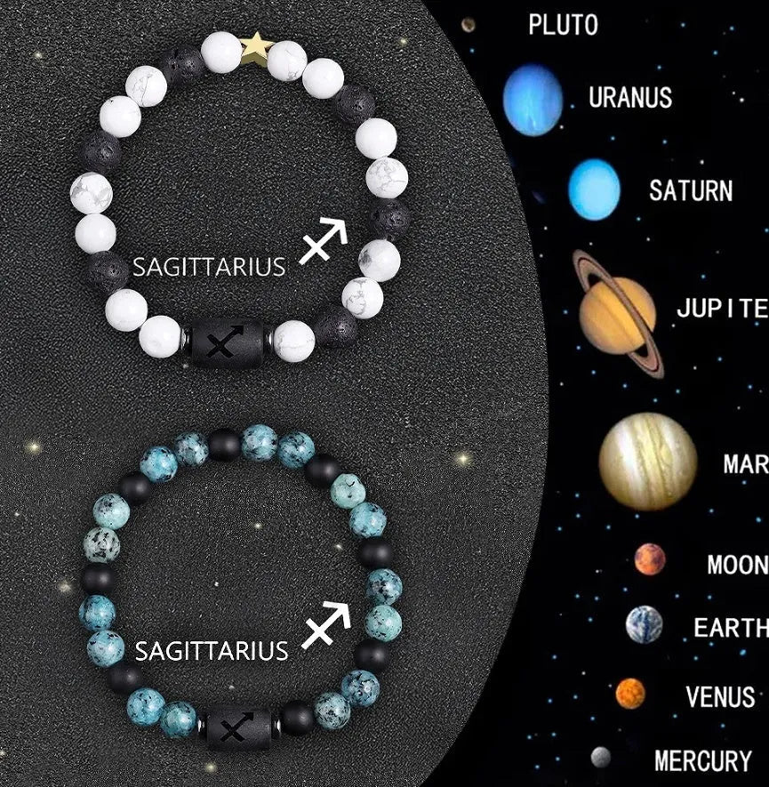 Set of two natural stone beaded bracelets showing different zodiac sign designs