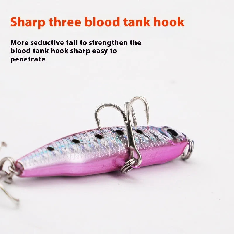 Set of five small silver fish lure pencil baits with double hooks and a tackle box