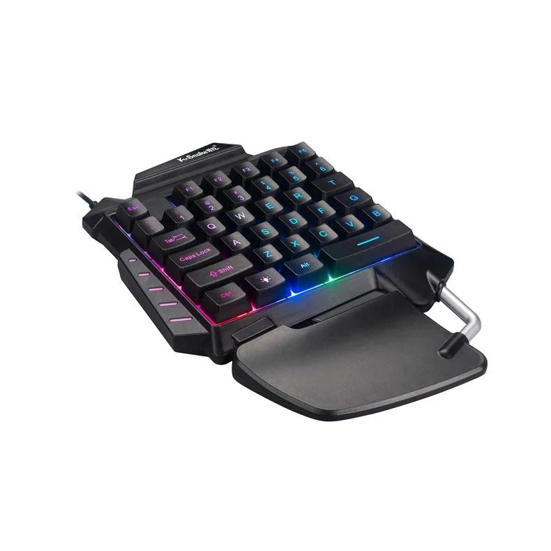 Black one-handed throne converter gaming keyboard with shortcut keys and integrated hand rest for left-hand control