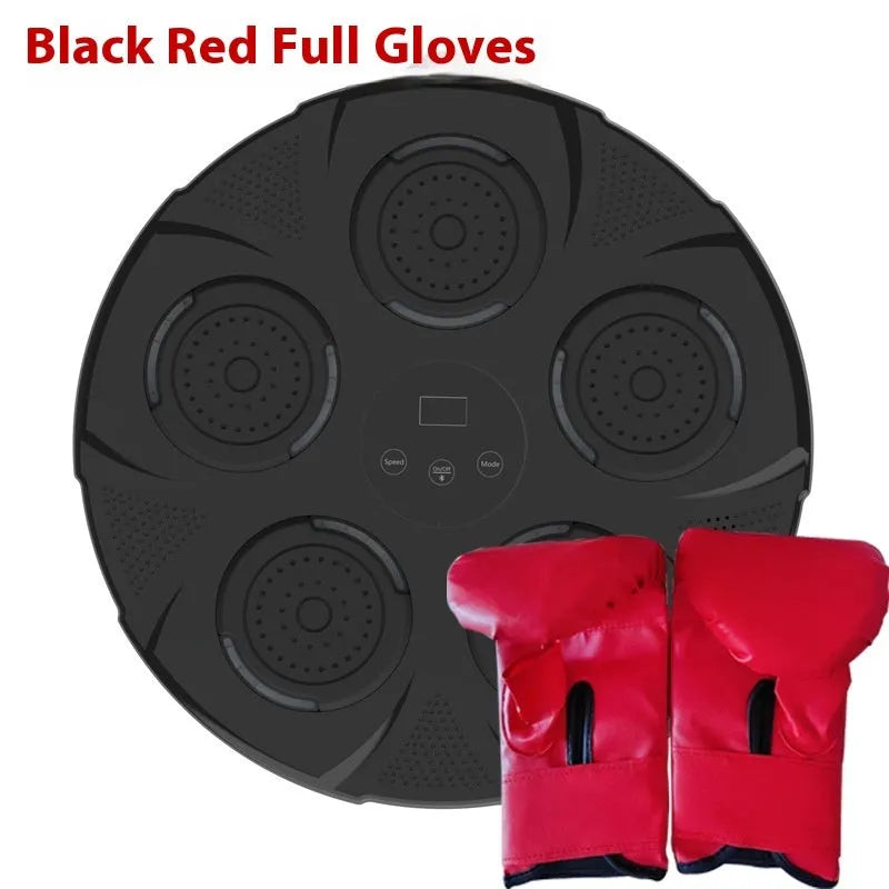 Wall-mounted smart boxing trainer sandbag with LED lights on black ABS surface, showing mounting brackets.