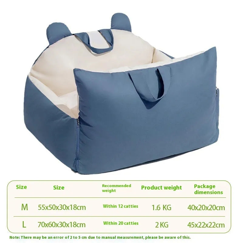 Blue beige removable washable car kennel for dogs, shown in L size 70x60x30cm.