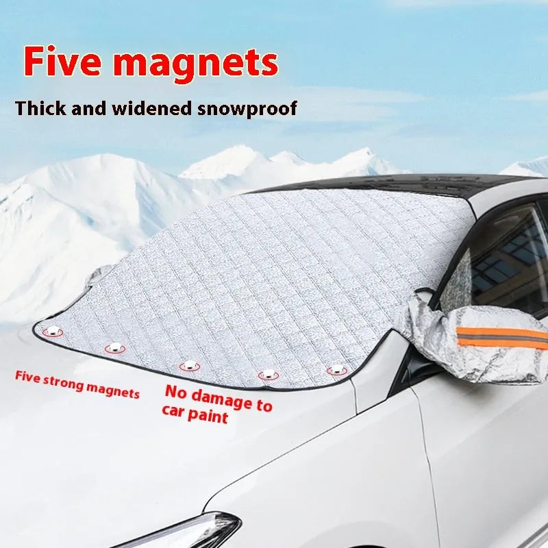 Large SUV winter windshield cover with reflective stripes and magnetic attachment system