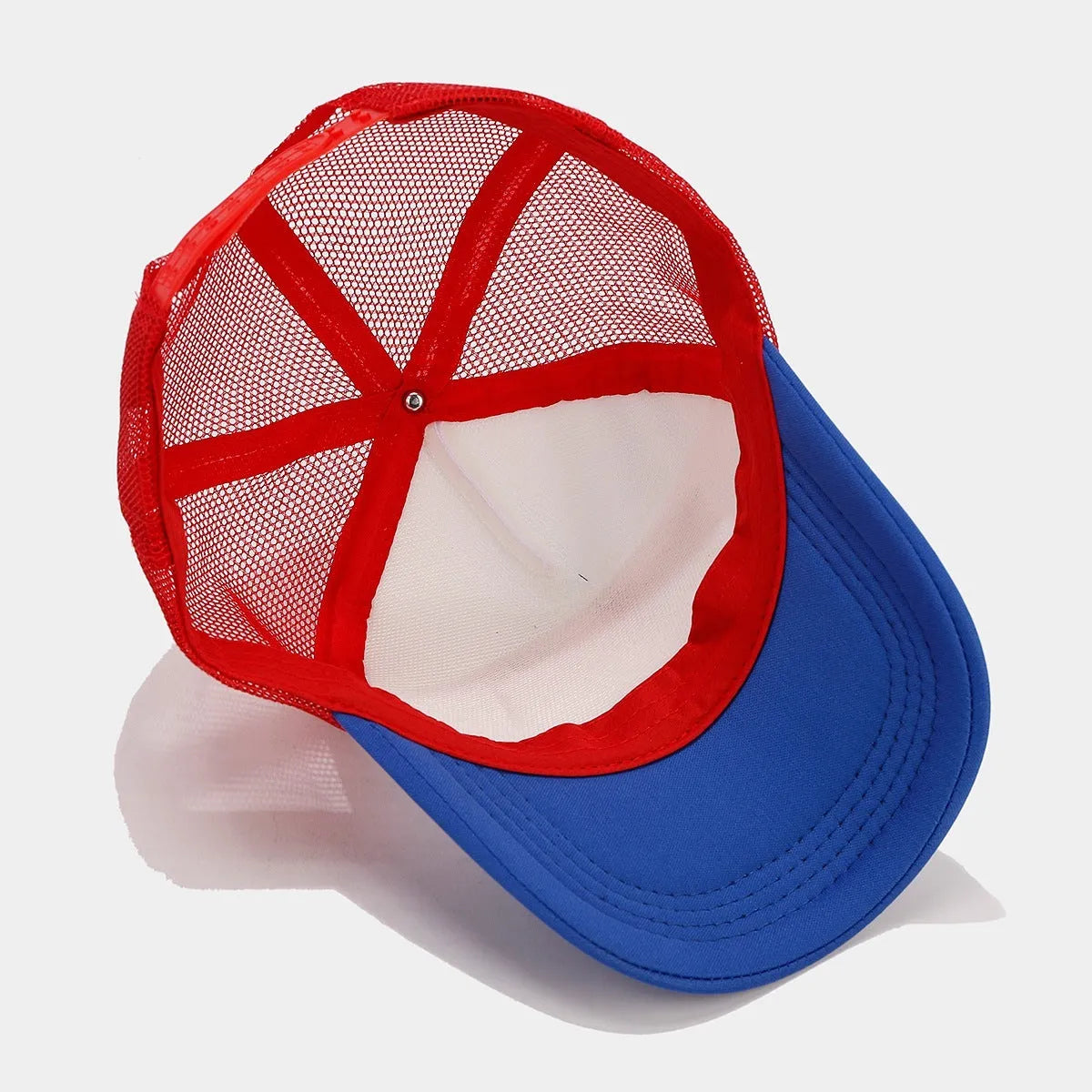 Red and blue Space Cotton mesh baseball cap with adjustable sizing and dome crown