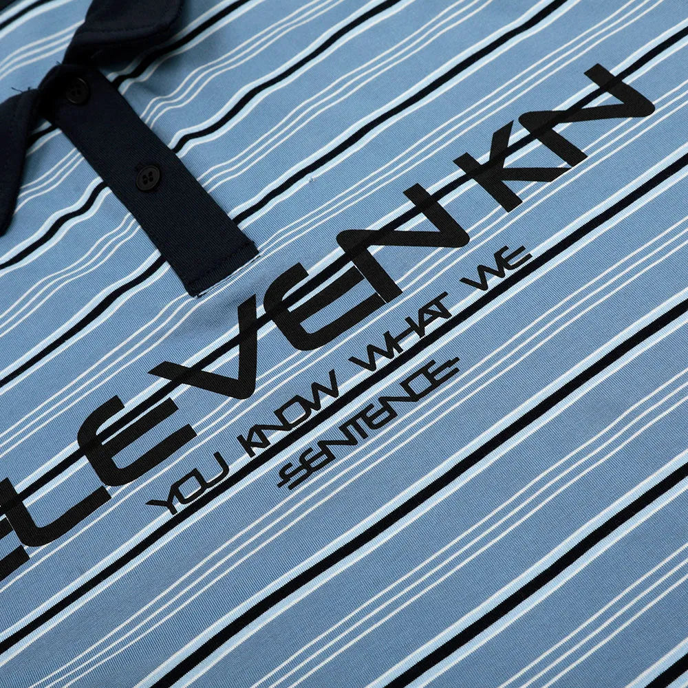 Man's blue stripe vintage cotton polo shirt with short sleeves and loose fit