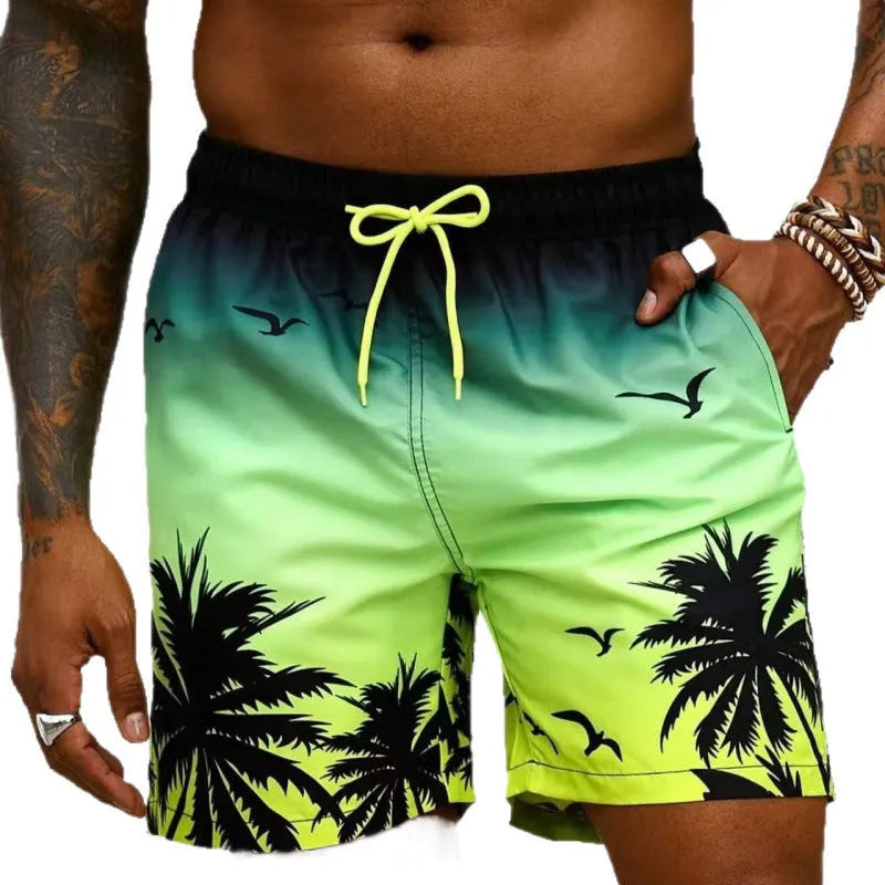 Man's ethnic style loose fit swimming trunks in a solid colour on a neutral background.