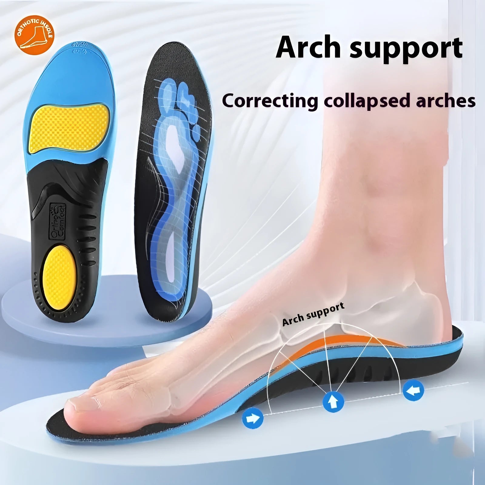 Blue and green PU flat foot correction insoles for arch support, shown in various sizes.