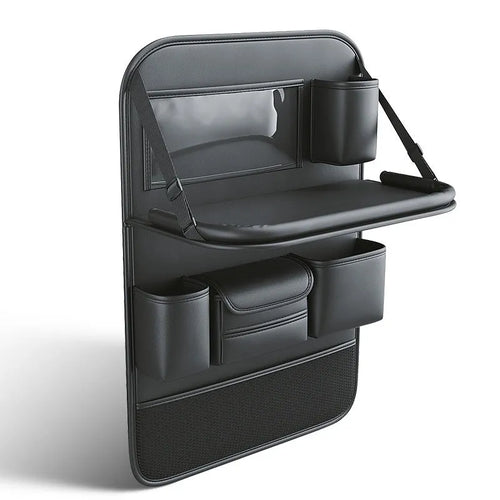 Car seat lazyback storage bag in Obsidian Black with foldable dining table extended, hanging on a car front seat backrest